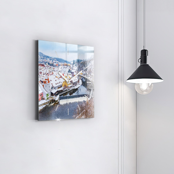 Square glass wall clock Panorama of the city in winter