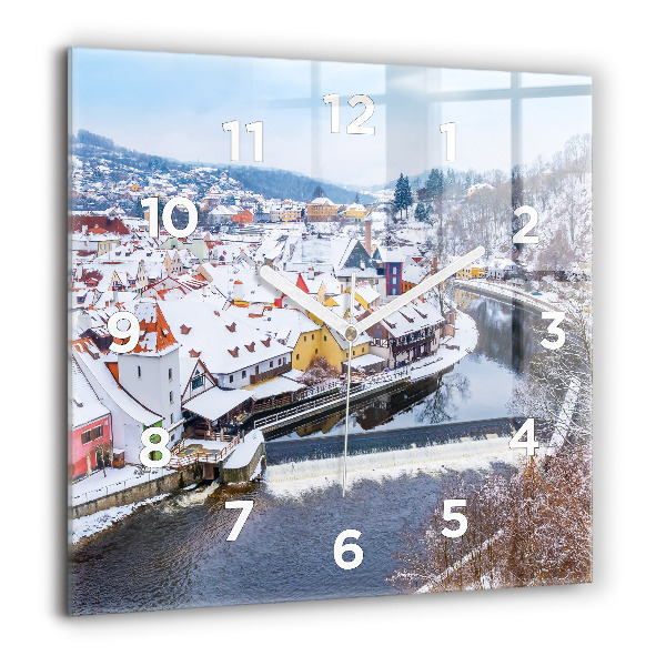 Square glass wall clock Panorama of the city in winter