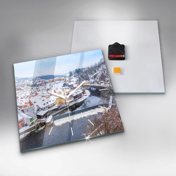 Square glass wall clock Panorama of the city in winter