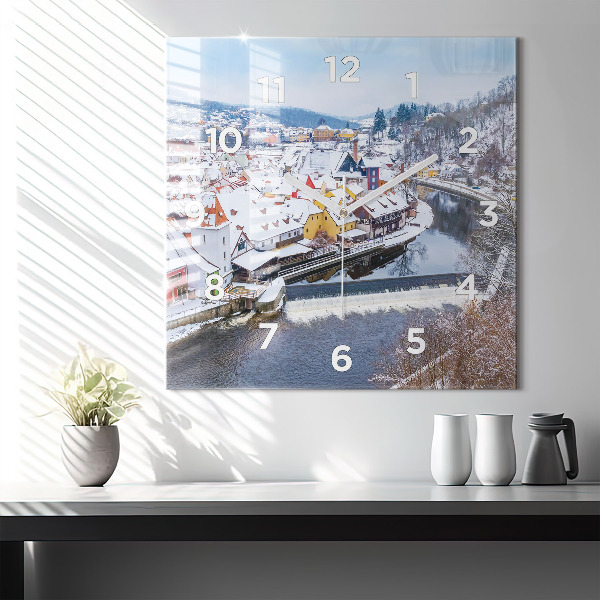 Square glass wall clock Panorama of the city in winter