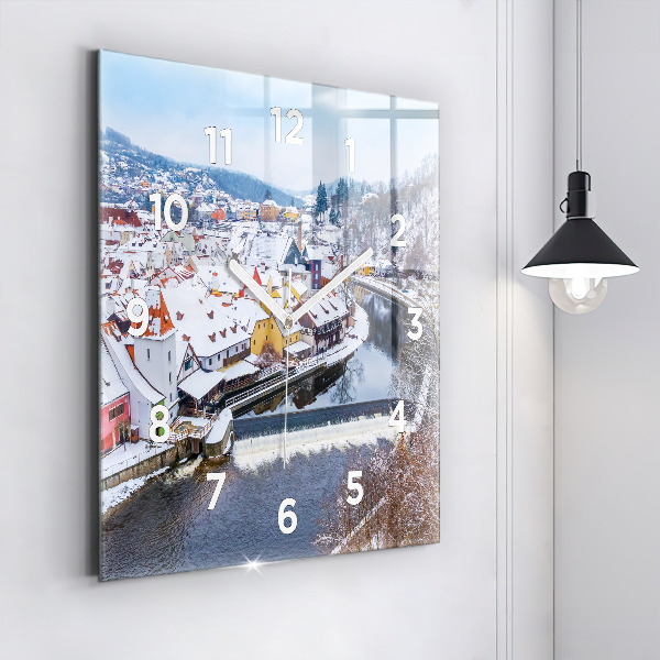 Square glass wall clock Panorama of the city in winter