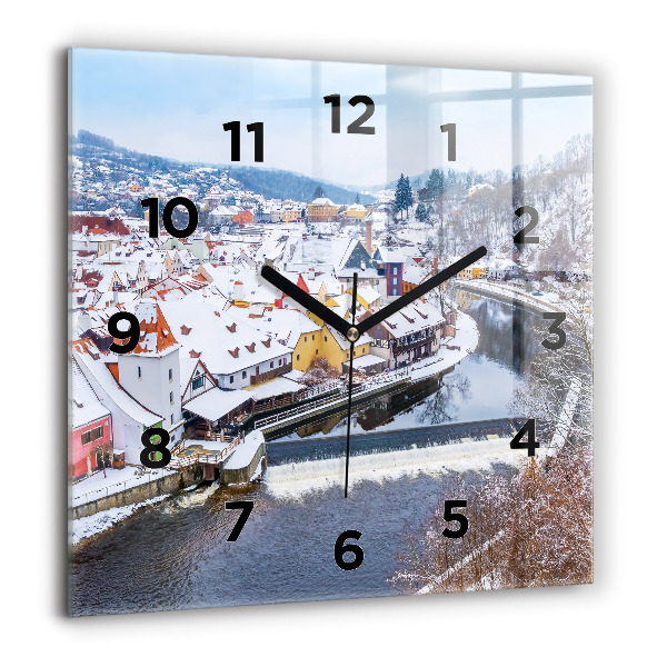 Square glass wall clock Panorama of the city in winter