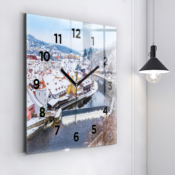 Square glass wall clock Panorama of the city in winter