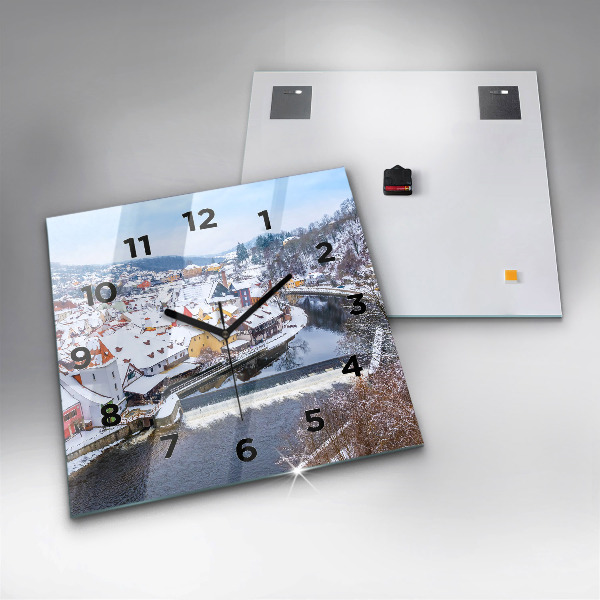 Square glass wall clock Panorama of the city in winter