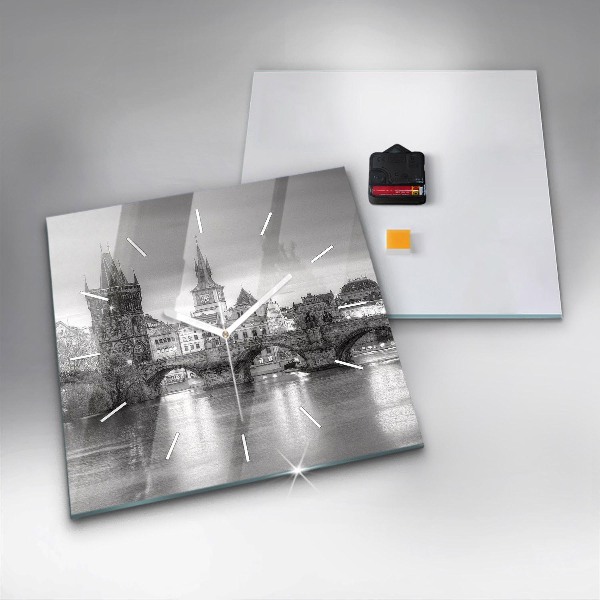 Square glass wall clock Charles Bridge in Prague