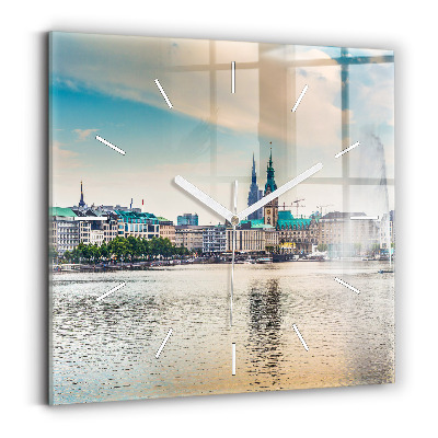 Square glass wall clock Binnenalster in Hamburg