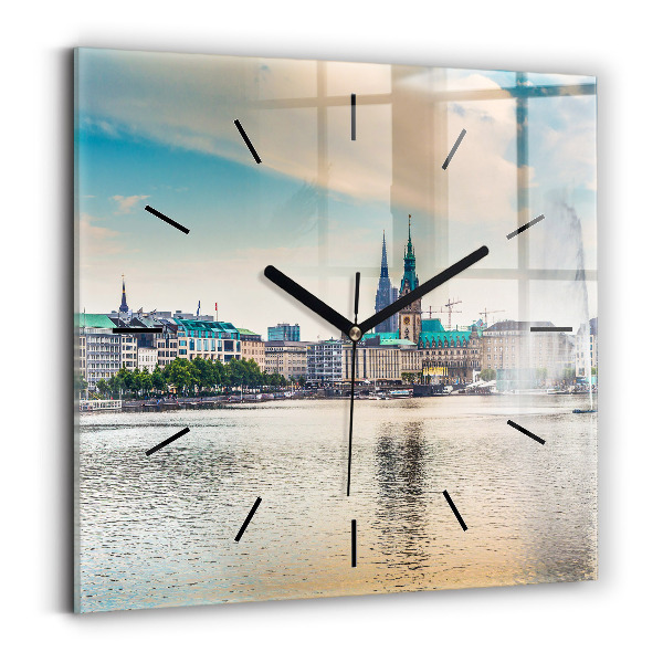 Square glass wall clock Binnenalster in Hamburg