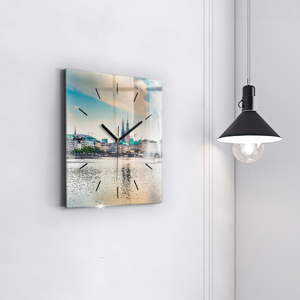 Square glass wall clock Binnenalster in Hamburg