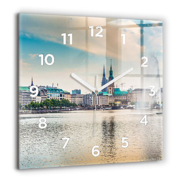 Square glass wall clock Binnenalster in Hamburg