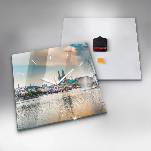 Square glass wall clock Binnenalster in Hamburg