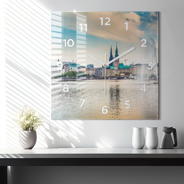 Square glass wall clock Binnenalster in Hamburg