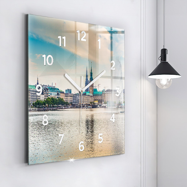 Square glass wall clock Binnenalster in Hamburg