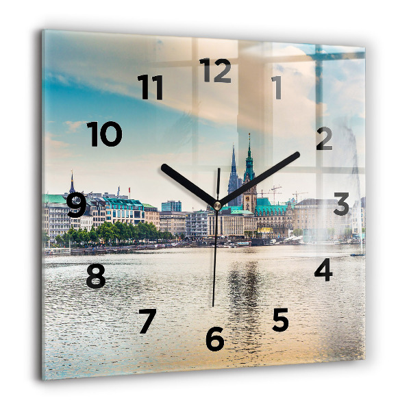 Square glass wall clock Binnenalster in Hamburg
