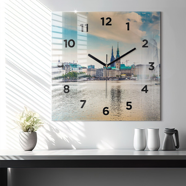 Square glass wall clock Binnenalster in Hamburg