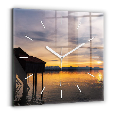 Square glass wall clock Sunset over the lake