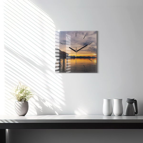 Square glass wall clock Sunset over the lake