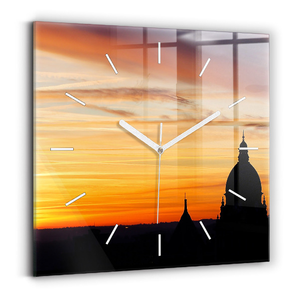 Square glass wall clock Building and sunset