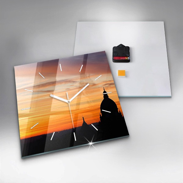 Square glass wall clock Building and sunset