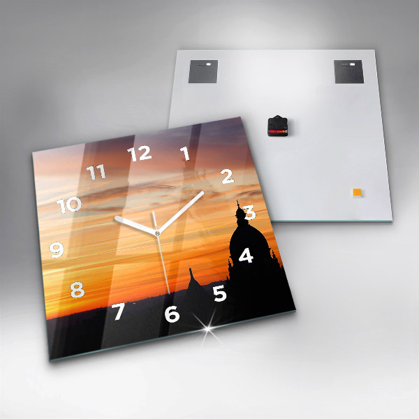 Square glass wall clock Building and sunset