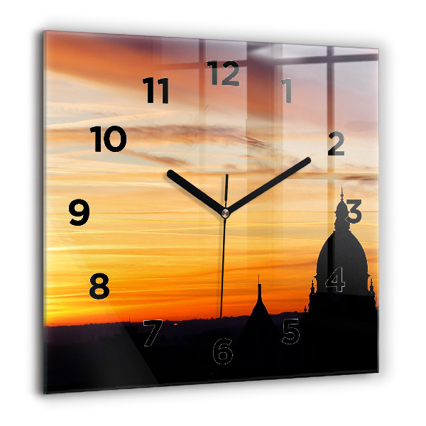 Square glass wall clock Building and sunset
