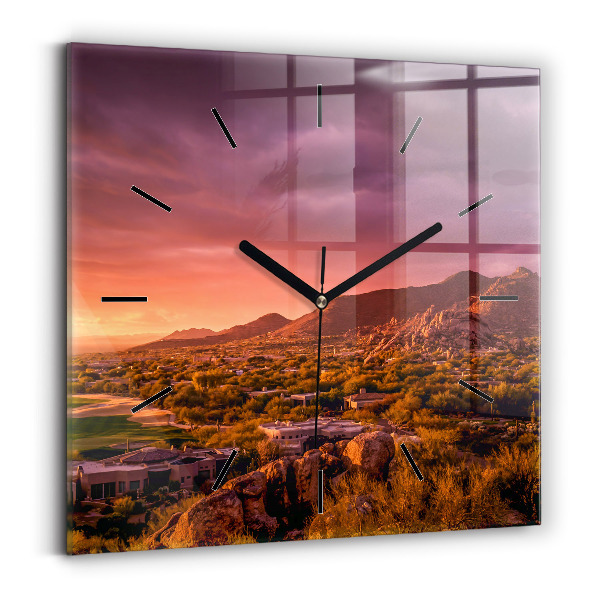 Square glass wall clock North Scottsdale Sunset