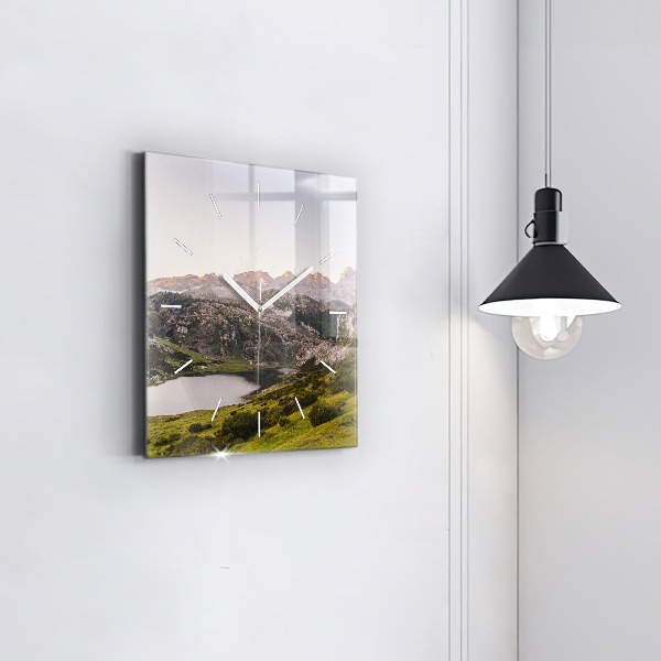 Square glass wall clock Lake and Pyrenees Mountains