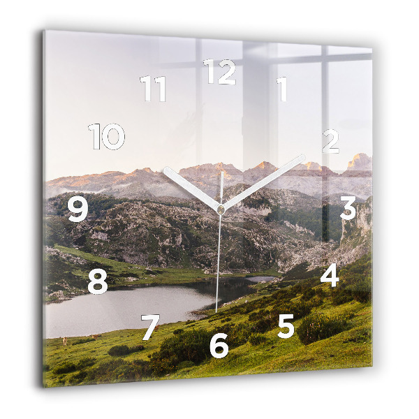 Square glass wall clock Lake and Pyrenees Mountains