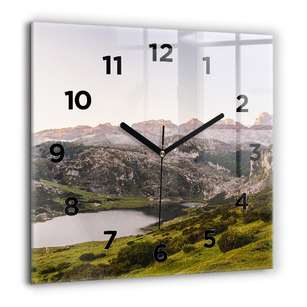 Square glass wall clock Lake and Pyrenees Mountains
