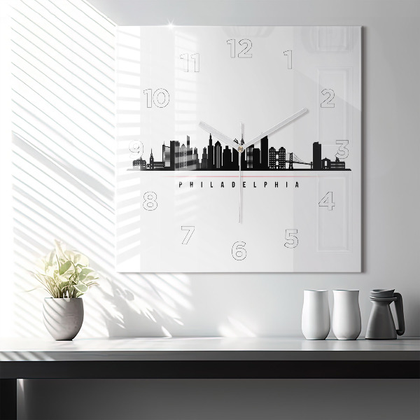 Square glass wall clock Philadelphia illustration