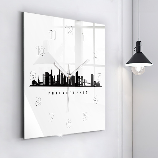 Square glass wall clock Philadelphia illustration