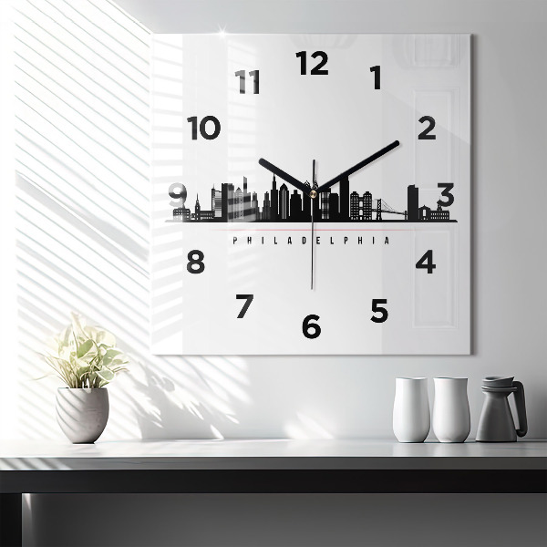 Square glass wall clock Philadelphia illustration