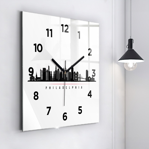 Square glass wall clock Philadelphia illustration