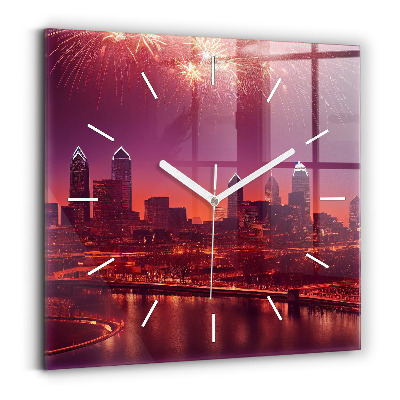 Square glass wall clock Philadelphia City at Night