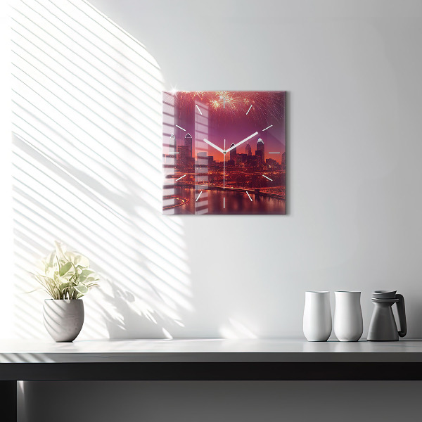 Square glass wall clock Philadelphia City at Night
