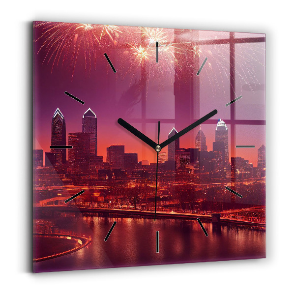 Square glass wall clock Philadelphia City at Night