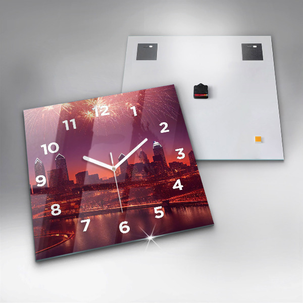Square glass wall clock Philadelphia City at Night