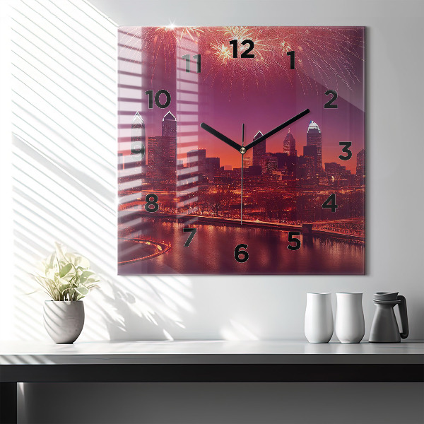Square glass wall clock Philadelphia City at Night