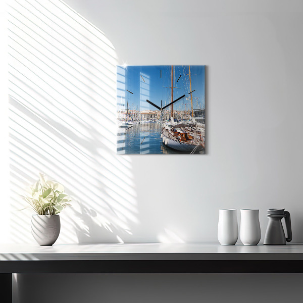 Square glass wall clock Marina in Marseille France