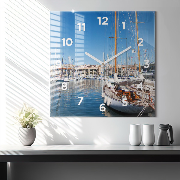 Square glass wall clock Marina in Marseille France