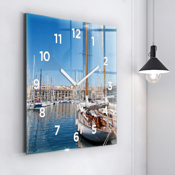 Square glass wall clock Marina in Marseille France