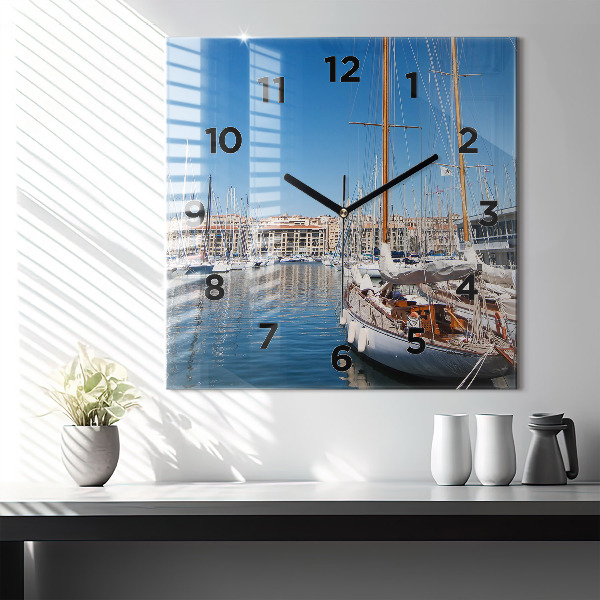 Square glass wall clock Marina in Marseille France