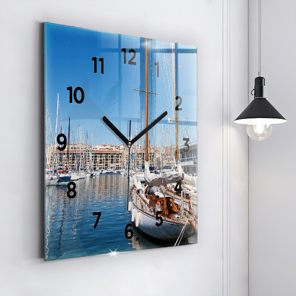 Square glass wall clock Marina in Marseille France