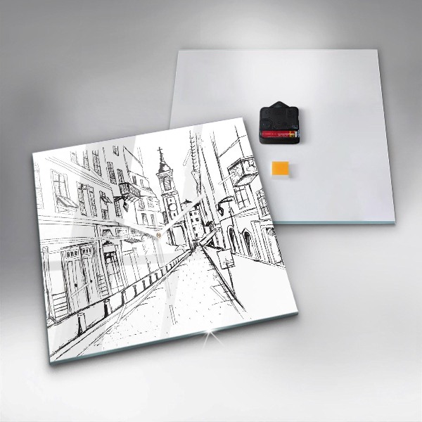 Square glass wall clock Drawing of the city of Provence