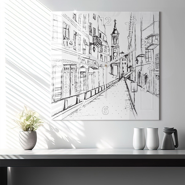 Square glass wall clock Drawing of the city of Provence