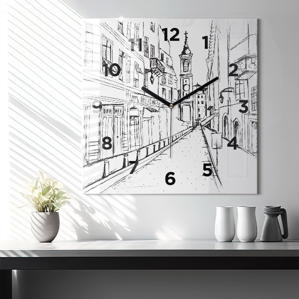 Square glass wall clock Drawing of the city of Provence