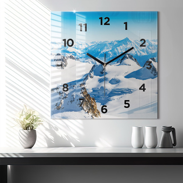 Square glass wall clock Skier in the Alps