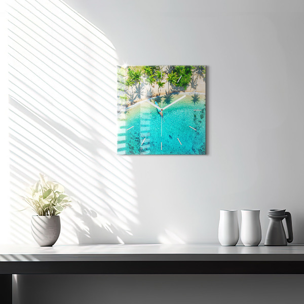 Square glass wall clock Tropical beach Koh Tao