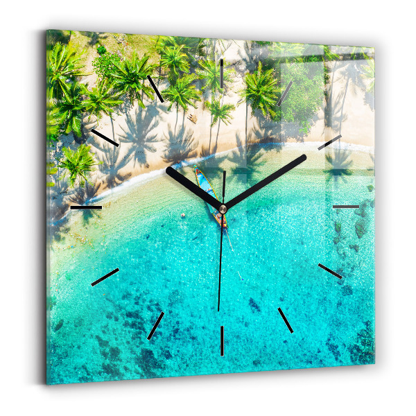 Square glass wall clock Tropical beach Koh Tao