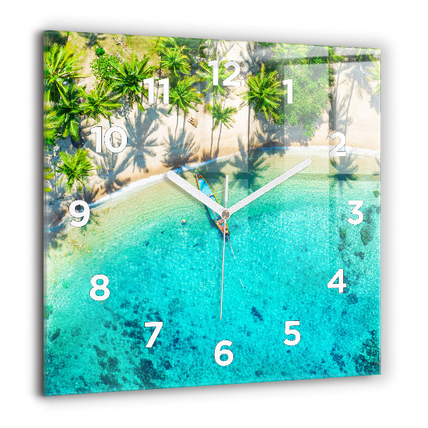 Square glass wall clock Tropical beach Koh Tao