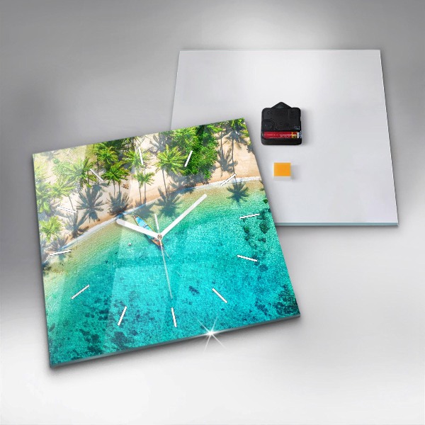 Square glass wall clock Tropical beach Koh Tao